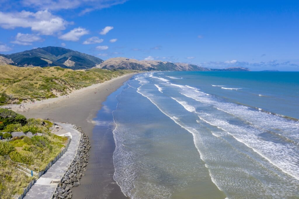 aerial view kapiti coastline near towns raumati paekakariki new zealand